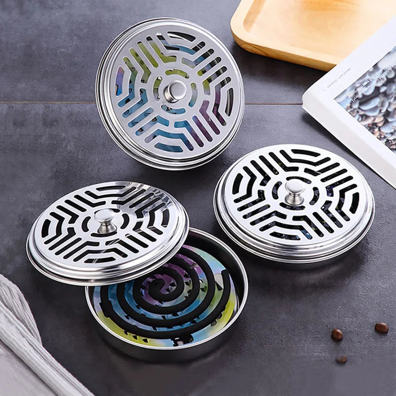 Mosquito Coils Holder Stainless Steel Mosquito Coil Box with Cover Round Mosquito Coil Tray Easy To Clean Anti-Mosquito Supplies