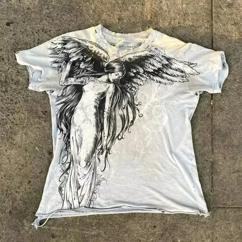 2025s High Street Shirts Y2K Mens Graphic Print Oversized T Shirt Harajuku Gothic Round Neck Cotton Tops New  Mens T Shirt