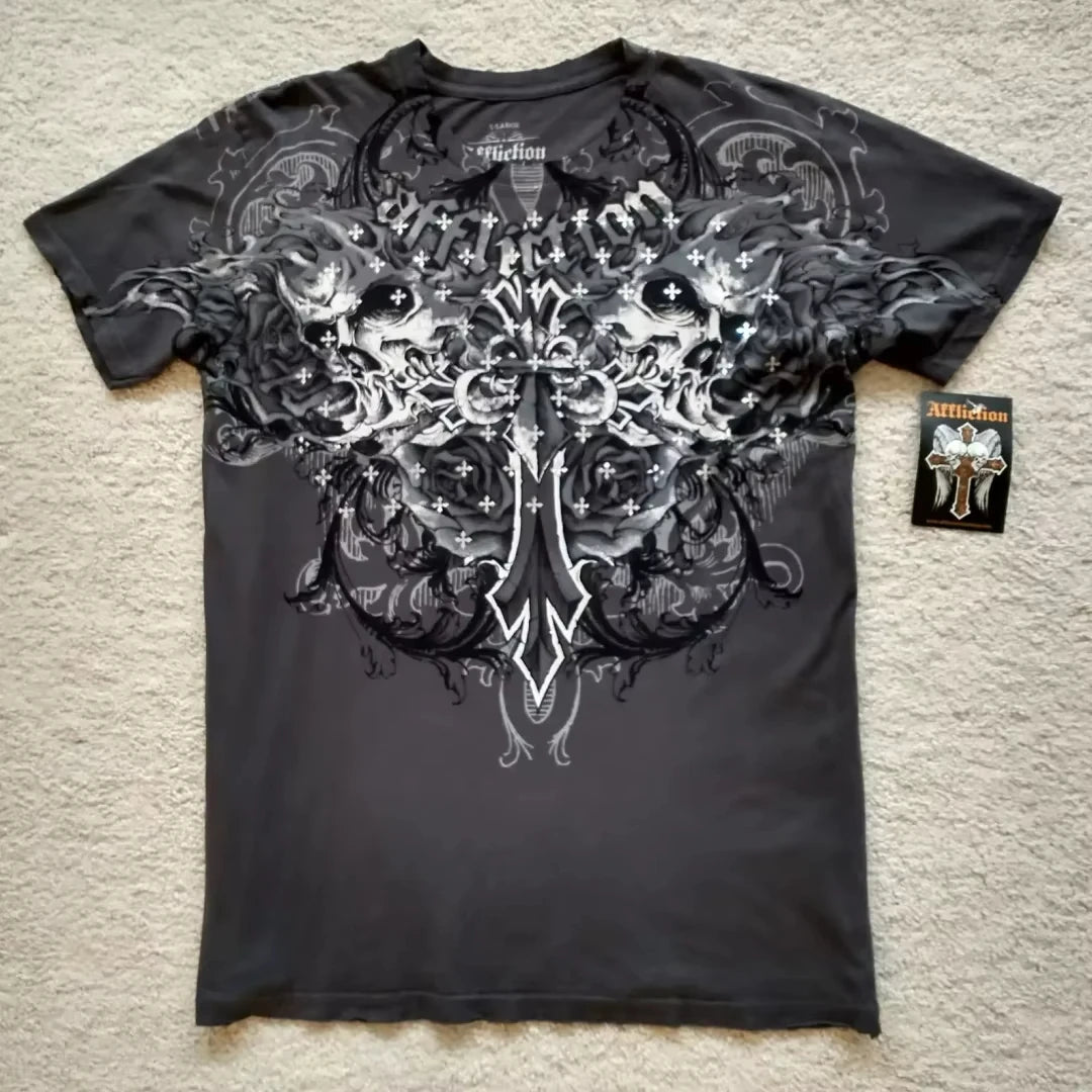 2025s High Street Shirts Y2K Mens Graphic Print Oversized T Shirt Harajuku Gothic Round Neck Cotton Tops New  Mens T Shirt