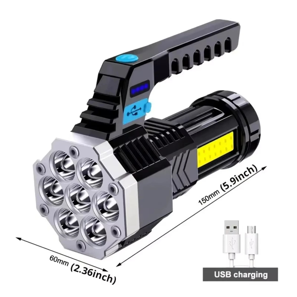 7LED High-Power Flashlight With USB Charging COB Side Light - Suitable For Portable Flashlights Such As Fishing, Camping, Hiking