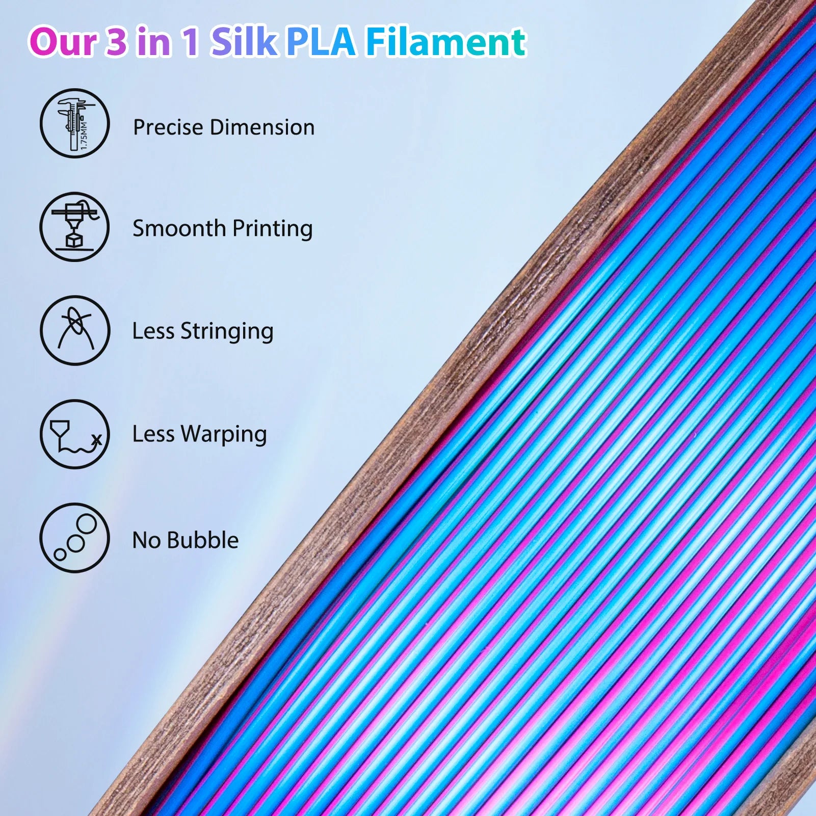 Silk PLA 3D Printer Filament 1.75mm Triple Color Silk PLA Filament 3D Printing Filament 250g 3 In1 Color