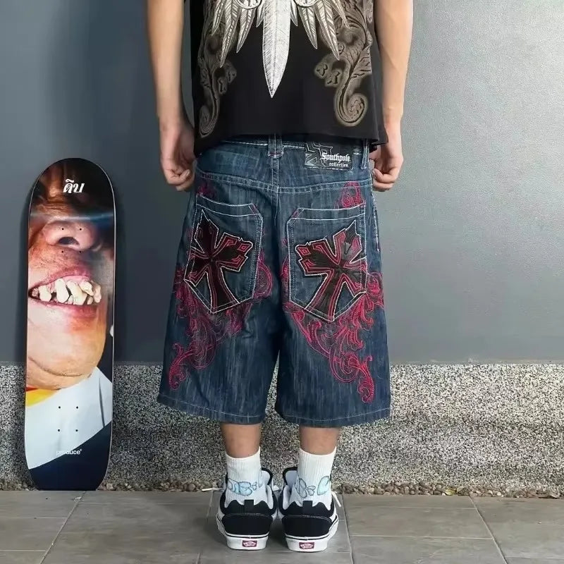 High Quality Street Y2K Retro Denim Shorts Shinjuku Hip Hop Pocket Loose Denim Shorts For Men and Women In Summer Gothic Shorts