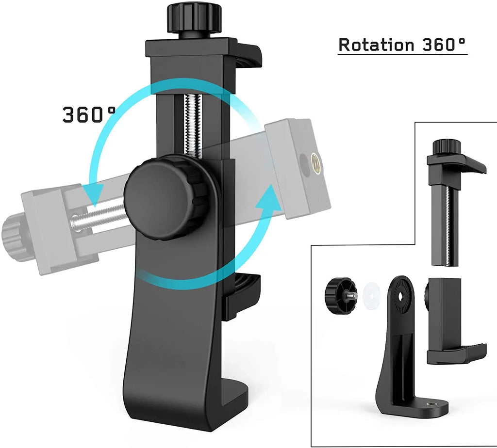 360° Degree Cell Phone Holder with Universal 1/4 Screw Adjustable Clamp Phone Tripod Mount Adapter Compatible with Smartphones