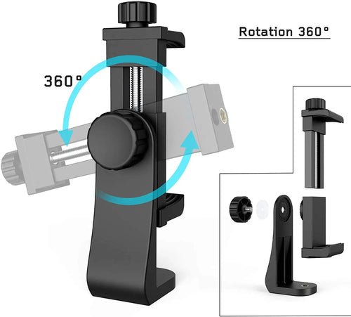 360° Degree Cell Phone Holder with Universal 1/4 Screw Adjustable Clamp Phone Tripod Mount Adapter Compatible with Smartphones