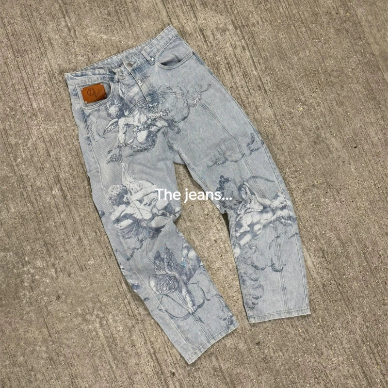 Y2k Angel Baggy Jeans Retro High Street Cupids Arrow Men Women Pants American Hip Hop Streetwear Unisex Casual Straight Jeans