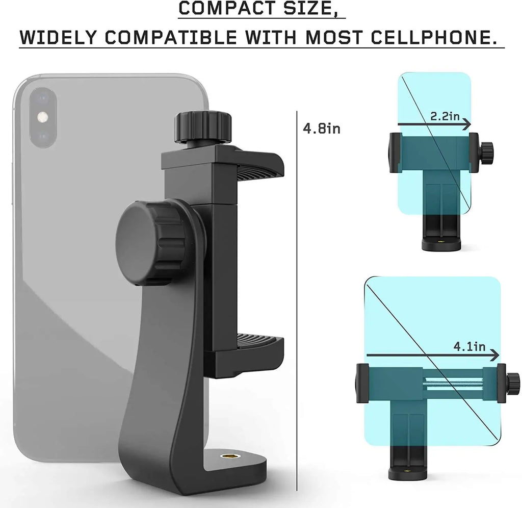 360° Degree Cell Phone Holder with Universal 1/4 Screw Adjustable Clamp Phone Tripod Mount Adapter Compatible with Smartphones