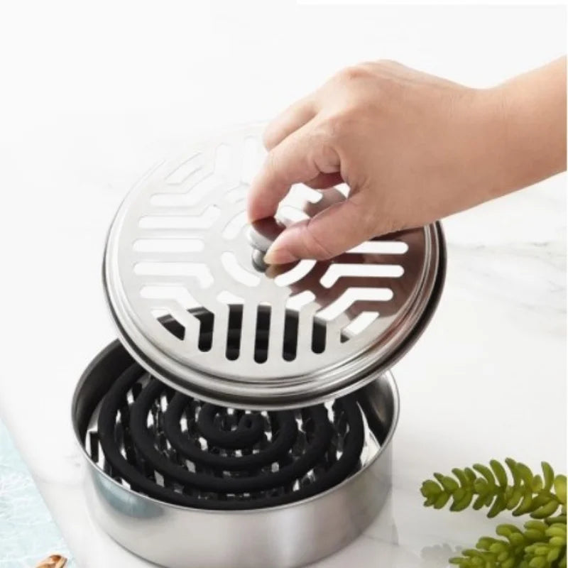 Mosquito Coils Holder Stainless Steel Mosquito Coil Box with Cover Round Mosquito Coil Tray Easy To Clean Anti-Mosquito Supplies