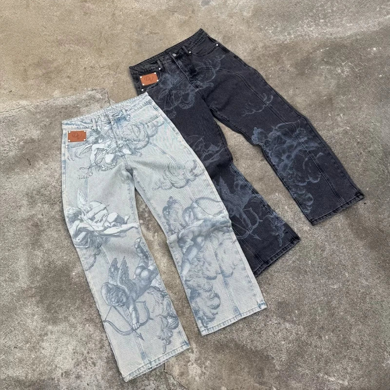 Y2k Angel Baggy Jeans Retro High Street Cupids Arrow Men Women Pants American Hip Hop Streetwear Unisex Casual Straight Jeans