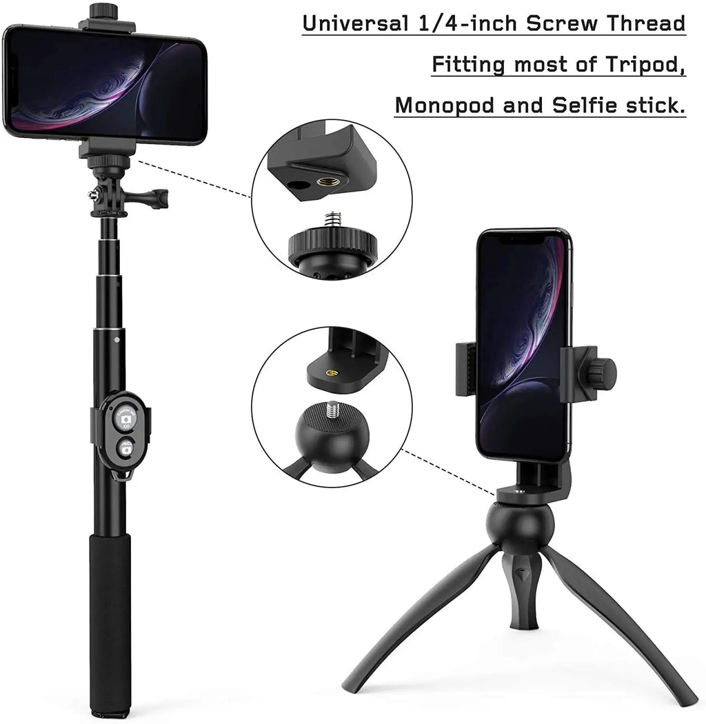 360° Degree Cell Phone Holder with Universal 1/4 Screw Adjustable Clamp Phone Tripod Mount Adapter Compatible with Smartphones