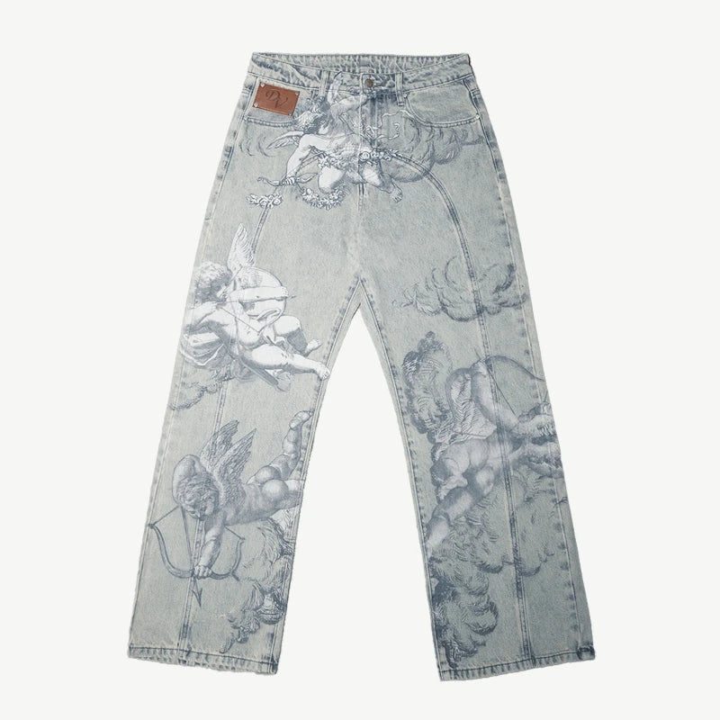 Y2k Angel Baggy Jeans Retro High Street Cupids Arrow Men Women Pants American Hip Hop Streetwear Unisex Casual Straight Jeans