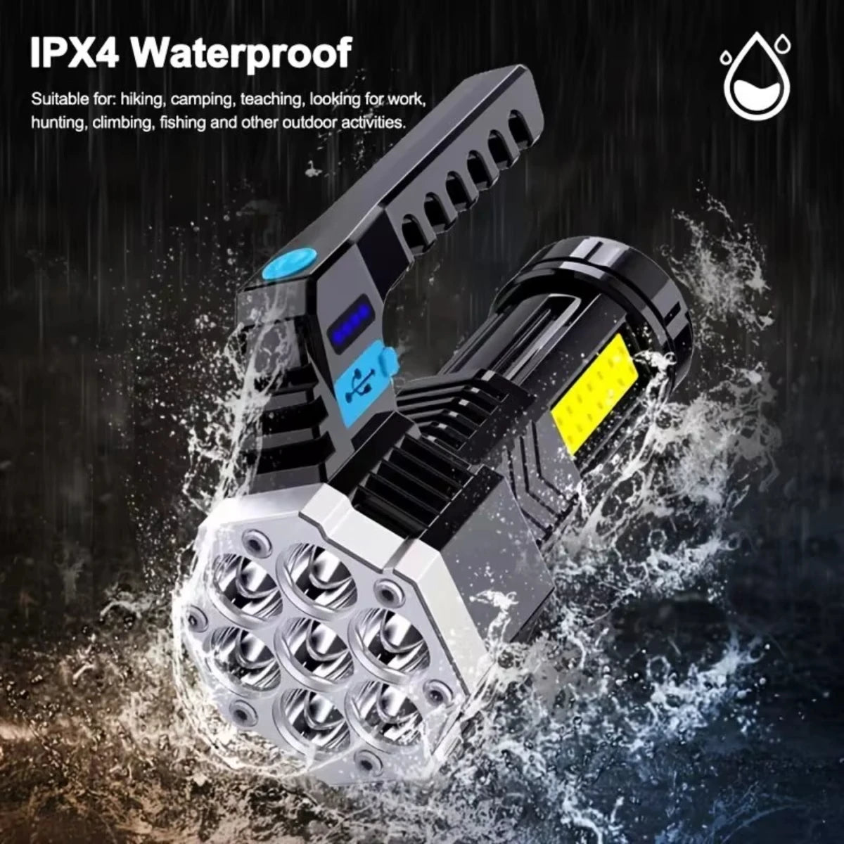 7LED High-Power Flashlight With USB Charging COB Side Light - Suitable For Portable Flashlights Such As Fishing, Camping, Hiking